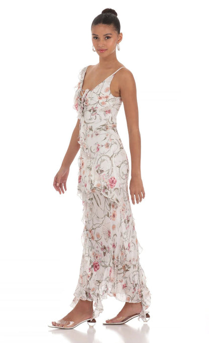 Lucy in the Sky Floral Chiffon Ruffle Maxi Dress in White