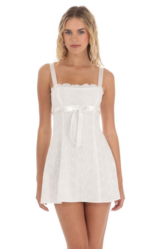 Lucy in the Sky Ribbon Embroidered Floral Dress in White