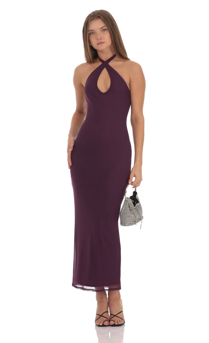 Lucy in the Sky Halter Bodycon Maxi Dress in Purple