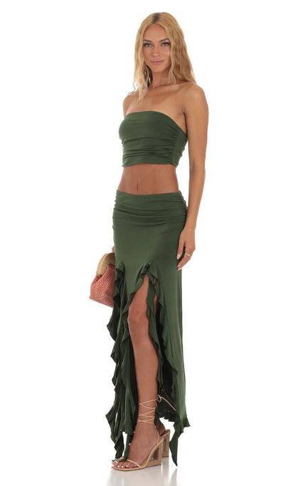 Lucy in the Sky Ruffle Slit Two Piece Set in Green