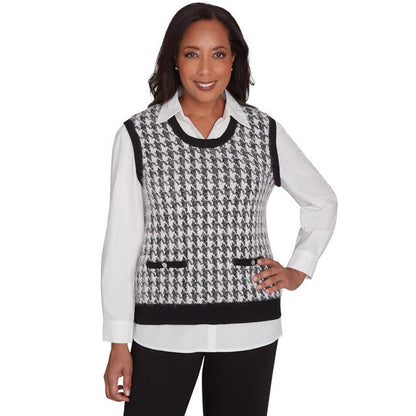 Alfred Dunner Women's Collared Houndstooth Vest Two In One Sweater