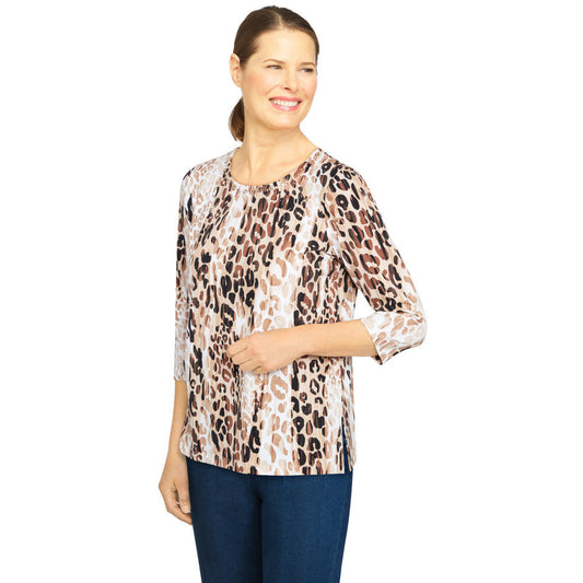 Alfred Dunner Women's Animal Print Embellished Neck Top