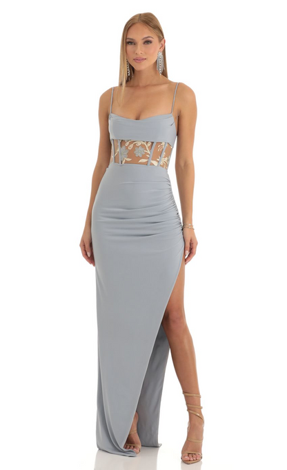 Lucy in the Sky Cutout Glitter Corset Maxi Dress