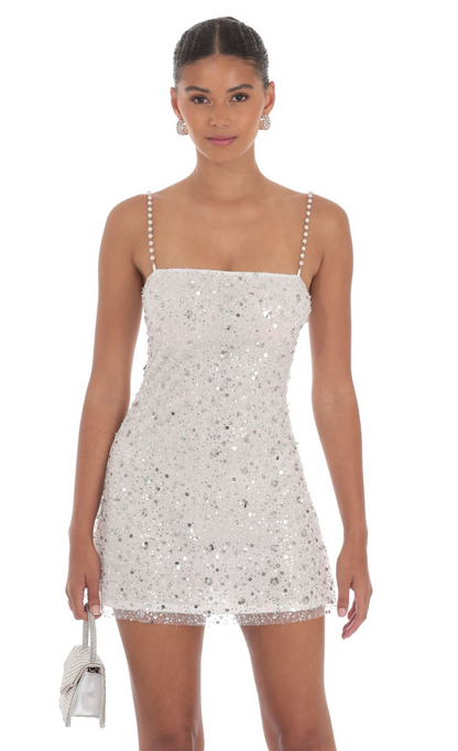 Lucy in the Sky Pearl Strap Sequin Dress in White