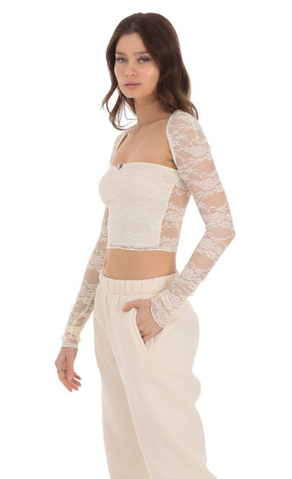 Lucy in the Sky Lace Long Sleeve Top in Cream