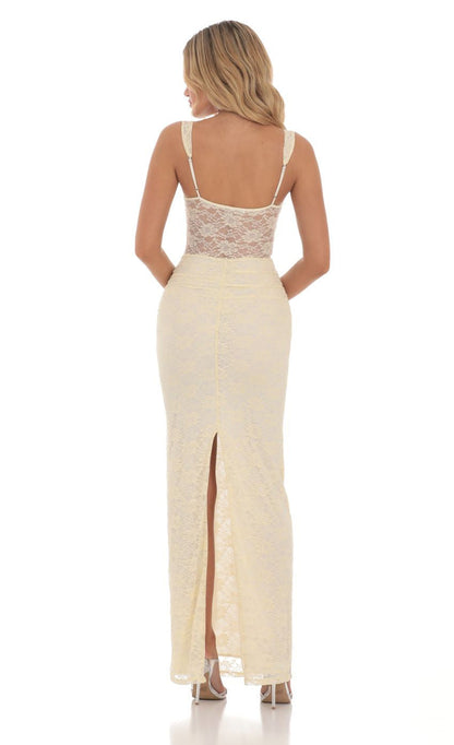 Lucy in the Sky Lace Twist Ruched Maxi Dress