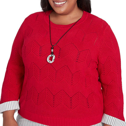 Alfred Dunner Women's Woven Chevron Sweater with Necklace