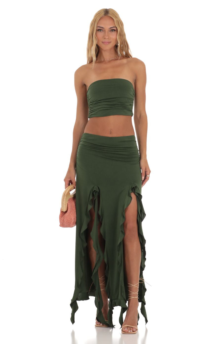 Lucy in the Sky Ruffle Slit Two Piece Set in Green