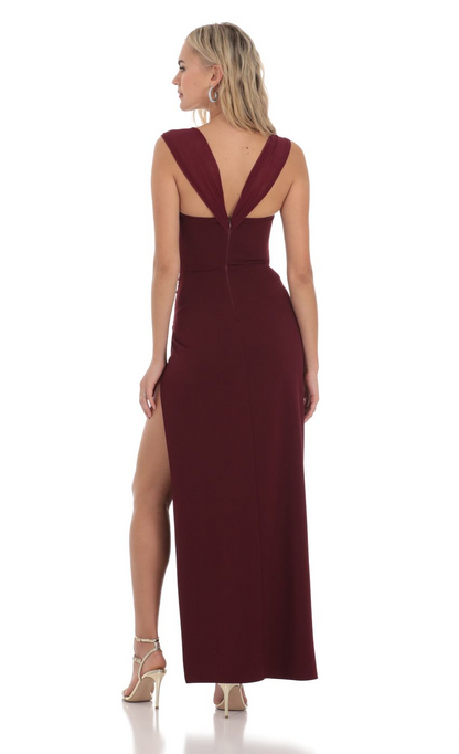 Lucy in the Sky Mesh Draped Corset Maxi Dress in Burgundy