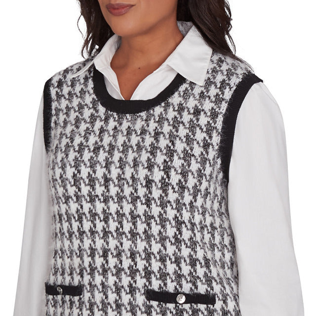 Alfred Dunner Women's Collared Houndstooth Vest Two In One Sweater