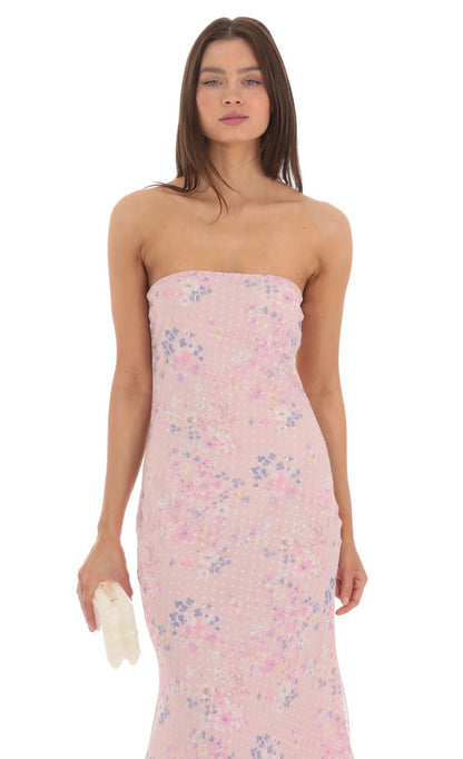 Lucy in the Sky Dotted Floral Strapless Maxi Dress in Pink