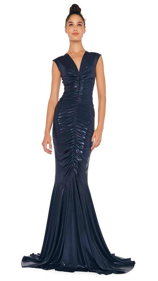 Norma Kamali Women's DEEP V NECK SHIRRED FISHTAIL GOWN