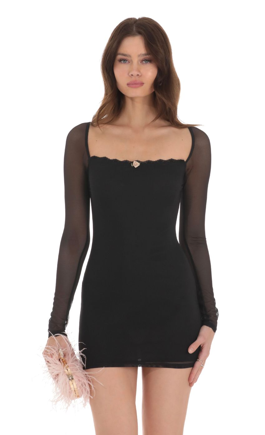 Lucy in the Sky Mesh Lace Long Sleeve Dress in Black