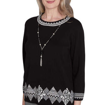 Alfred Dunner Women's Diamond Border Sweater with Necklace