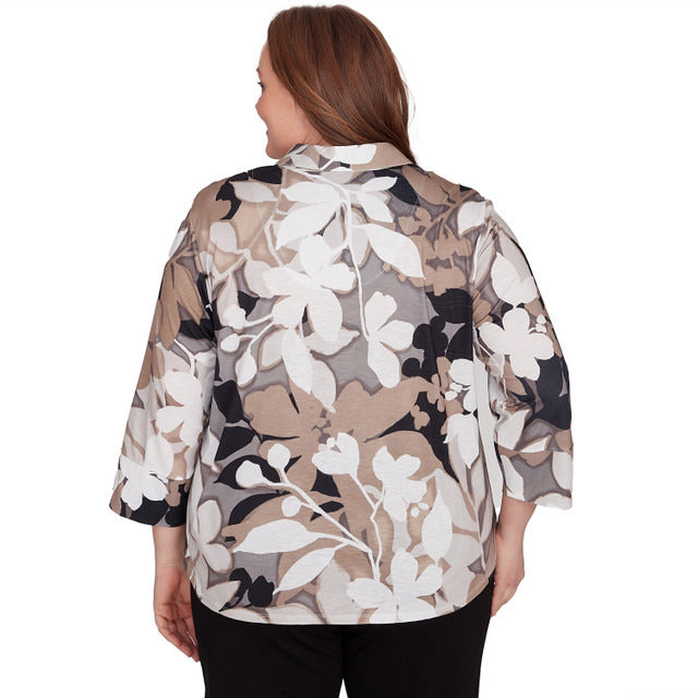 Alfred Dunner Women's Shadow Leaf Print Button Front Top