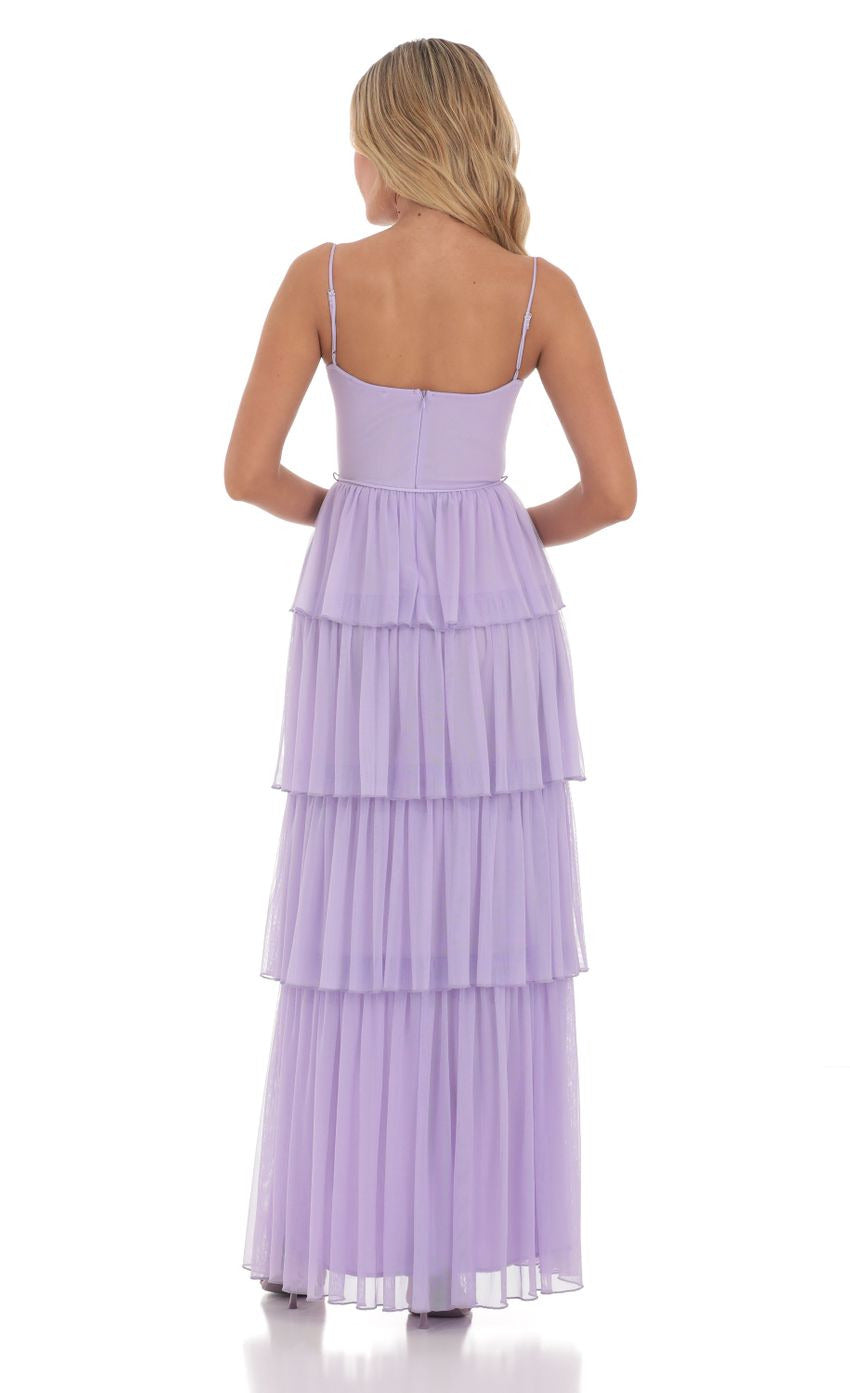 Lucy in the Sky Mesh Ruffle Maxi Dress in Lavender