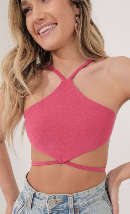 Lucy in the Sky Ruffle Crop Halter Crop Top in Pink Shimmer