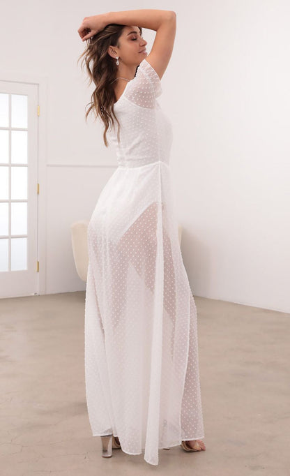 Lucy in the Sky Puff Sleeve Chiffon Maxi in White Dots