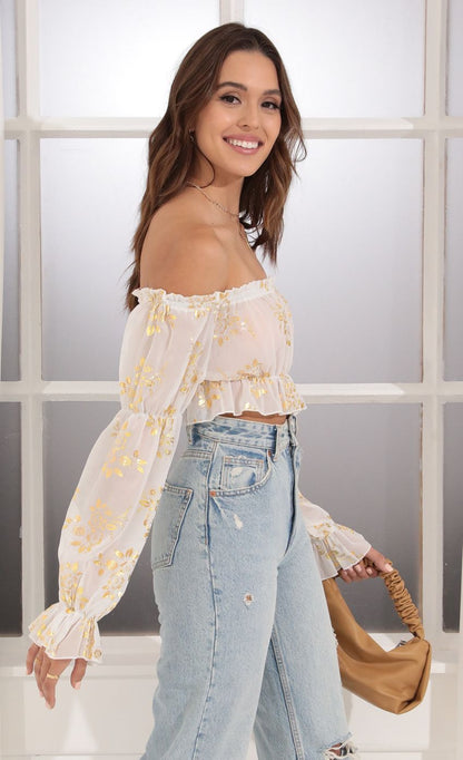 Lucy in the Sky Off Shoulder Top in White and Gold