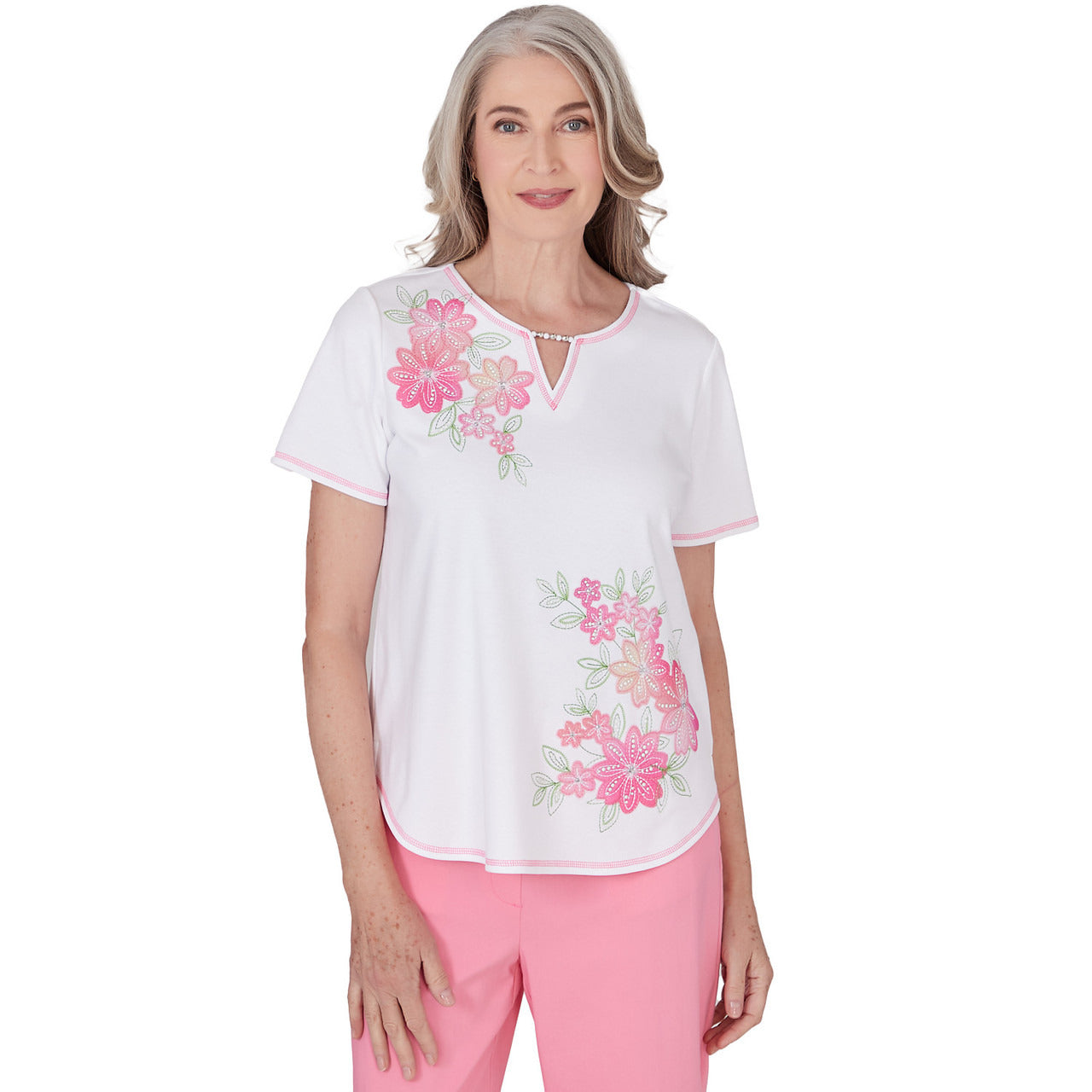 Alfred Dunner Women's Short Sleeve Floral Applique Top