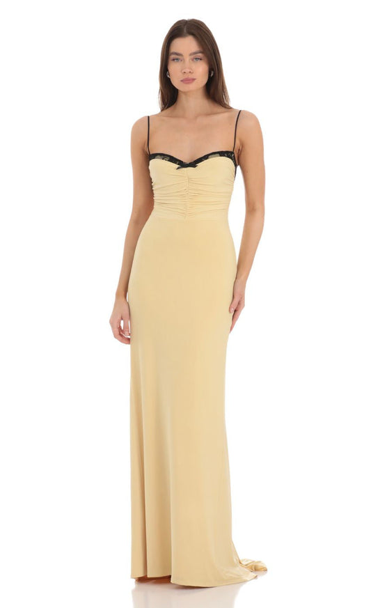 Lucy in the Sky Lace Bust Open Back Maxi Dress in Yellow