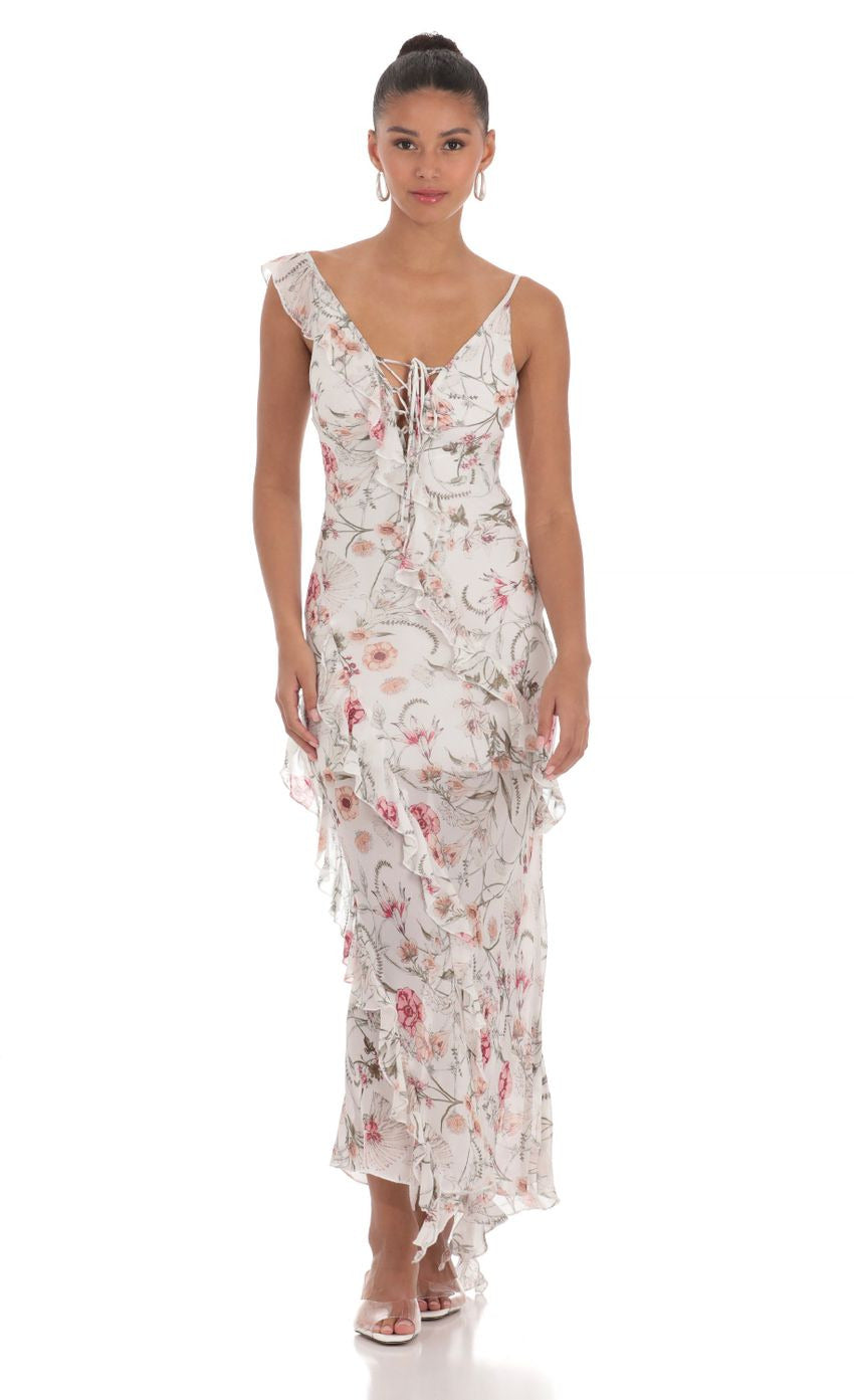 Lucy in the Sky Floral Chiffon Ruffle Maxi Dress in White