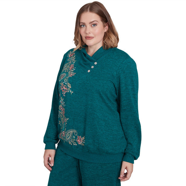 Alfred Dunner Women's Paisley Embroidered Envelope Neck Top