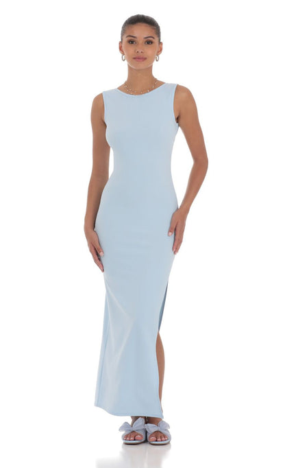 Lucy in the Sky Open Back Bodycon Maxi Dress in Light Blue