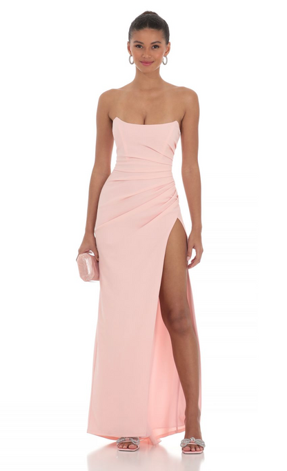 Lucy in the Sky Ruched Strapless Corset Maxi Dress in Pink