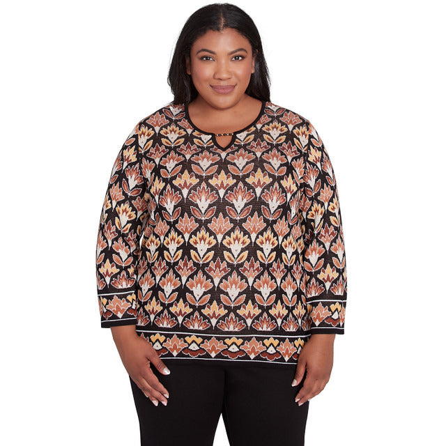 Alfred Dunner Women's Medallion Beaded Split Neck Sweater