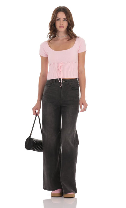 Lucy in the Sky Knit Drawstring Cinch Top in Pink