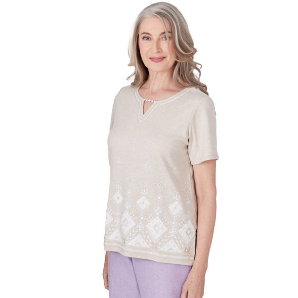 Alfred Dunner Women's Embroidered Diamond Border Top