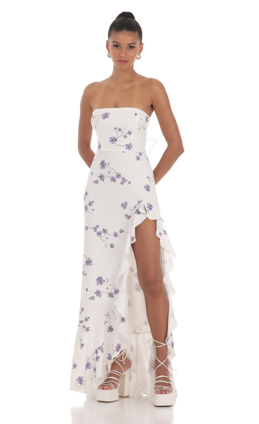 Lucy in the Sky Floral Strapless Back Bow Corset Maxi Dress in White