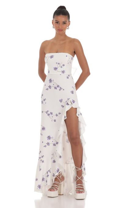 Lucy in the Sky Floral Strapless Back Bow Corset Maxi Dress in White