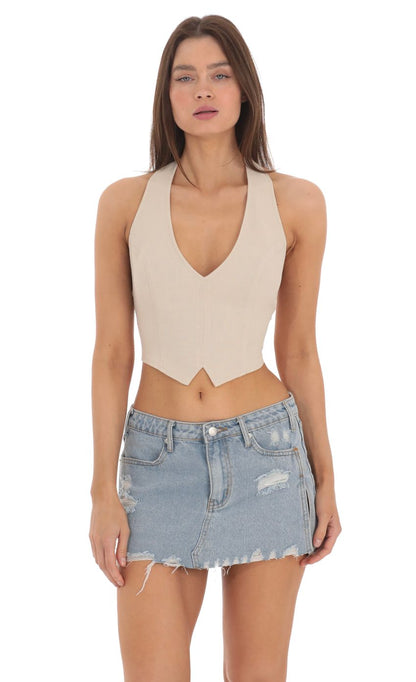 Lucy in the Sky Linen Halter Top in Beige