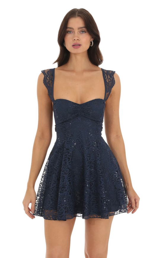 Lucy in the Sky Lace Sequin Fit and Flare Dress in Navy