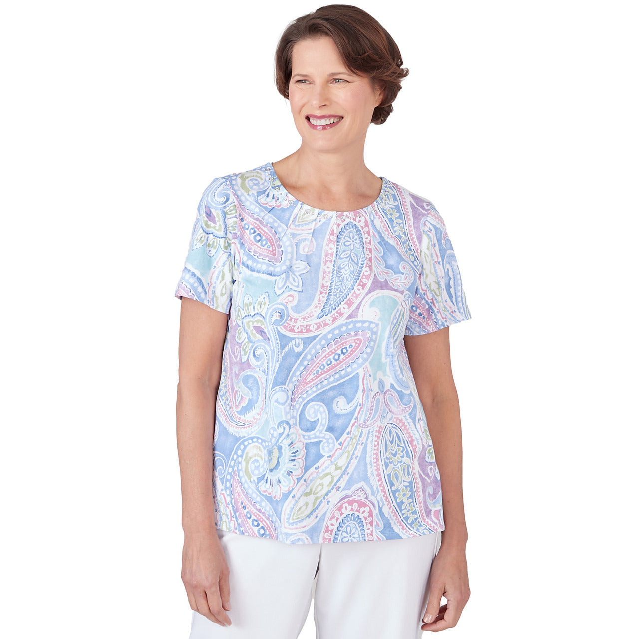 Alfred Dunner Women's Pleated Crew Neck Paisley Short Sleeve Tee