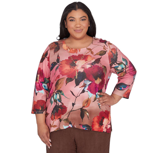 Alfred Dunner Women's Dramatic Floral Crew Neck Top with Necklace