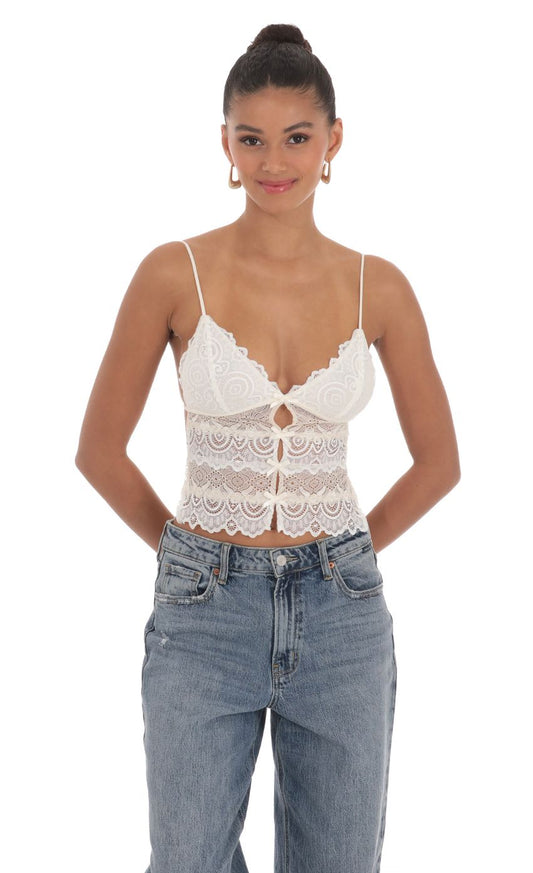 Lucy in the Sky Lace Two-Tone Top in Cream and White