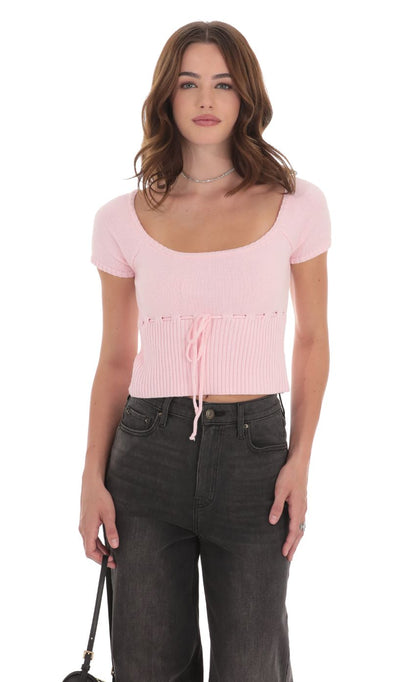 Lucy in the Sky Knit Drawstring Cinch Top in Pink