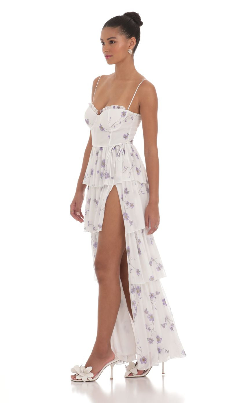 Lucy in the Sky Floral Mesh Ruffle Maxi Dress in White