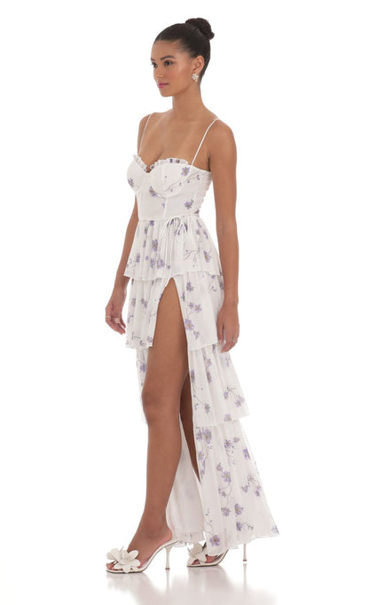 Lucy in the Sky Floral Mesh Ruffle Maxi Dress in White