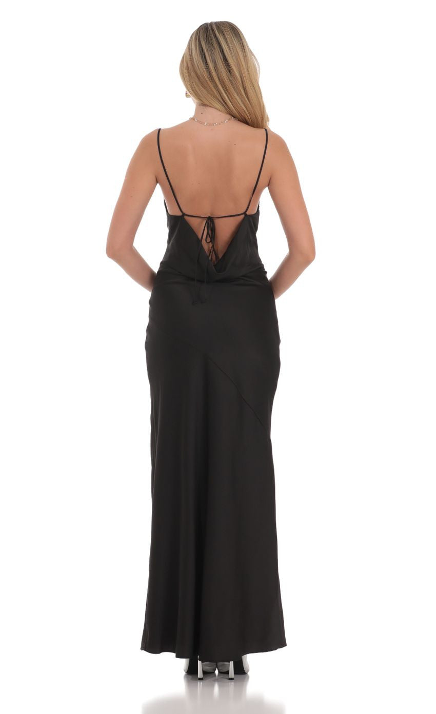 Lucy in the Sky Satin Asymmetrical Cowl Neck Maxi Dress in Black