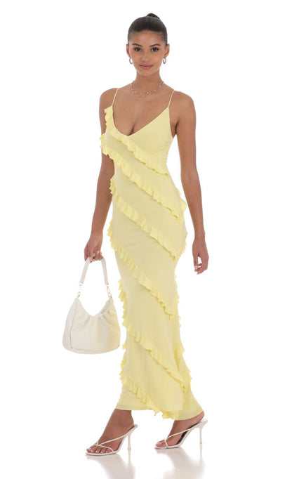 Lucy in the Sky Ruffle V-Neck Maxi Dress in Yellow