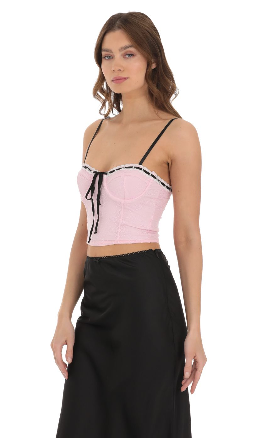 Lucy in the Sky Black Ribbon Lace Crop Top in Pink