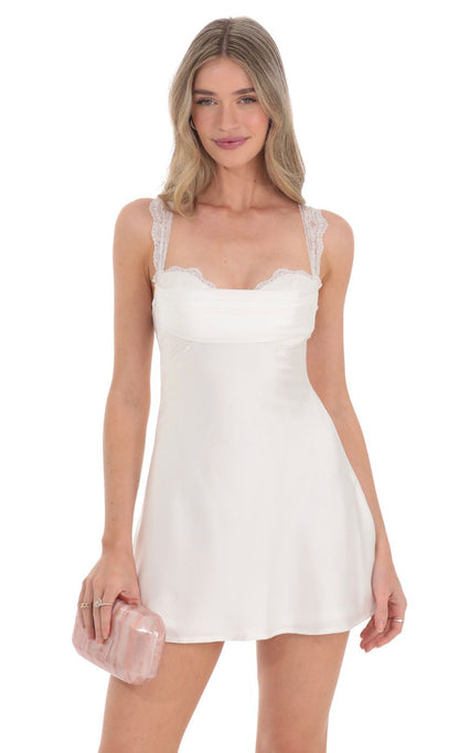 Lucy in the Sky Lace Strap Satin Dress in White