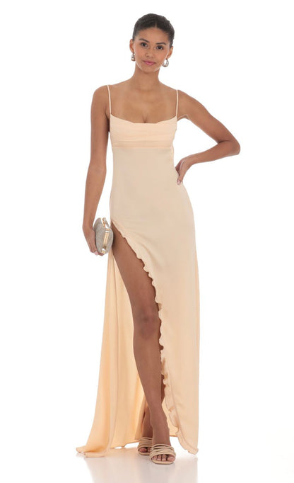 Lucy in the Sky Cowl Neck Satin Open Back Maxi Dress