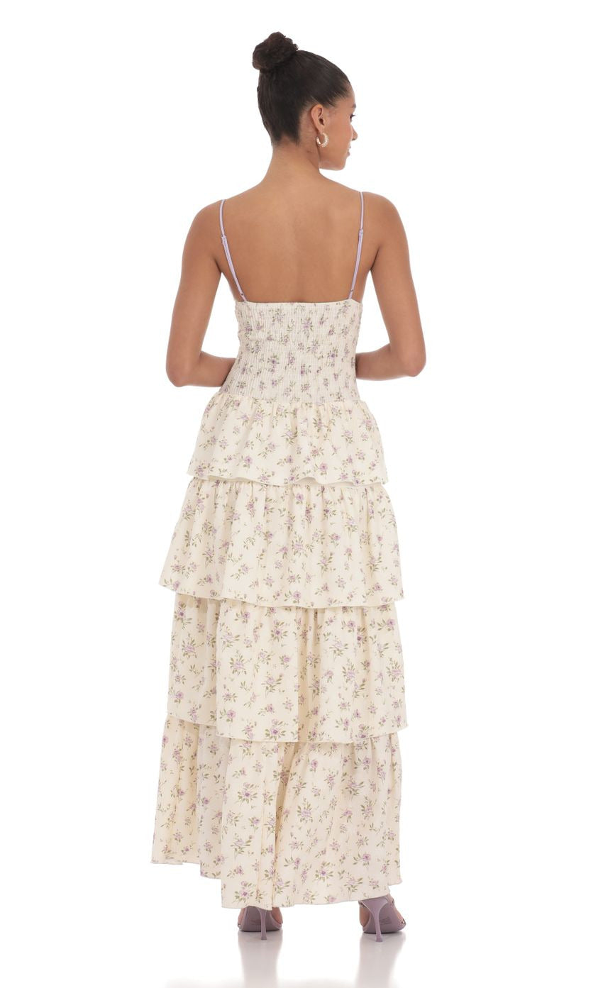 Lucy in the Sky Floral Cutout Ruffle Maxi Dress in Cream