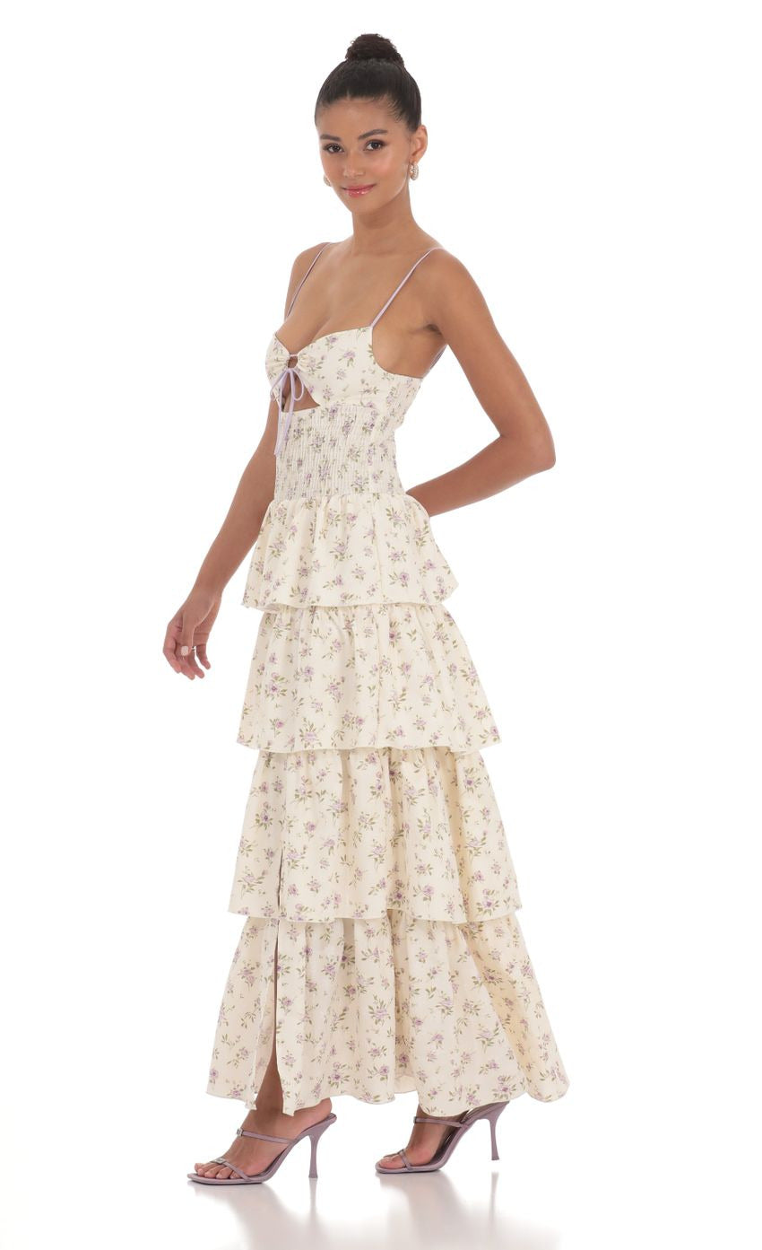 Lucy in the Sky Floral Cutout Ruffle Maxi Dress in Cream