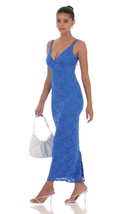 Lucy in the Sky Lace Open Back Bodycon Maxi Dress in Blue